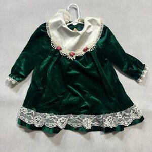 Vintage Little Precious Green Velvet Dress with Lace Trim